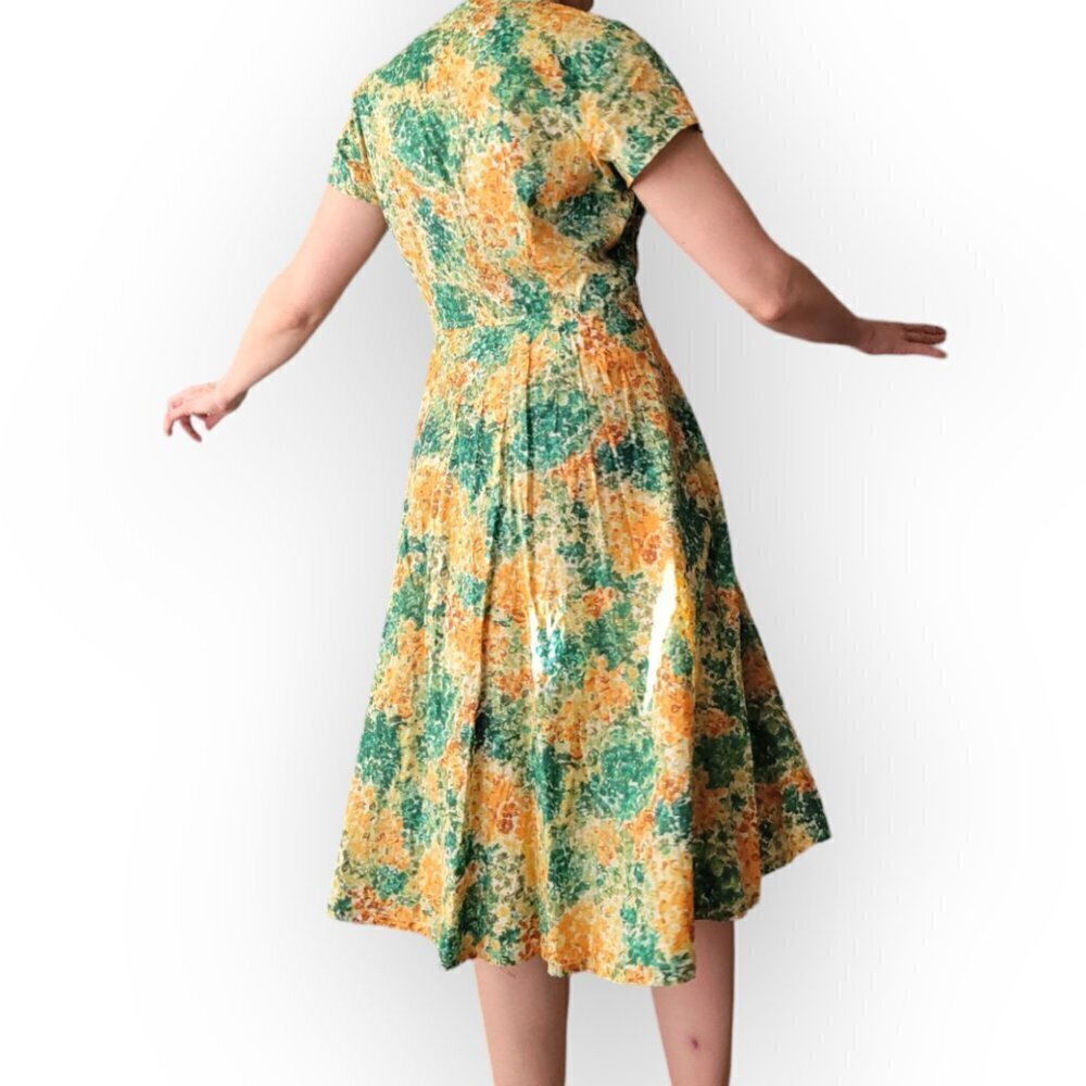 Vintage 1960s 1970s Floral Dress Green Orange Yellow Mad Men S/M Retro Outfit - Picture 11 of 15